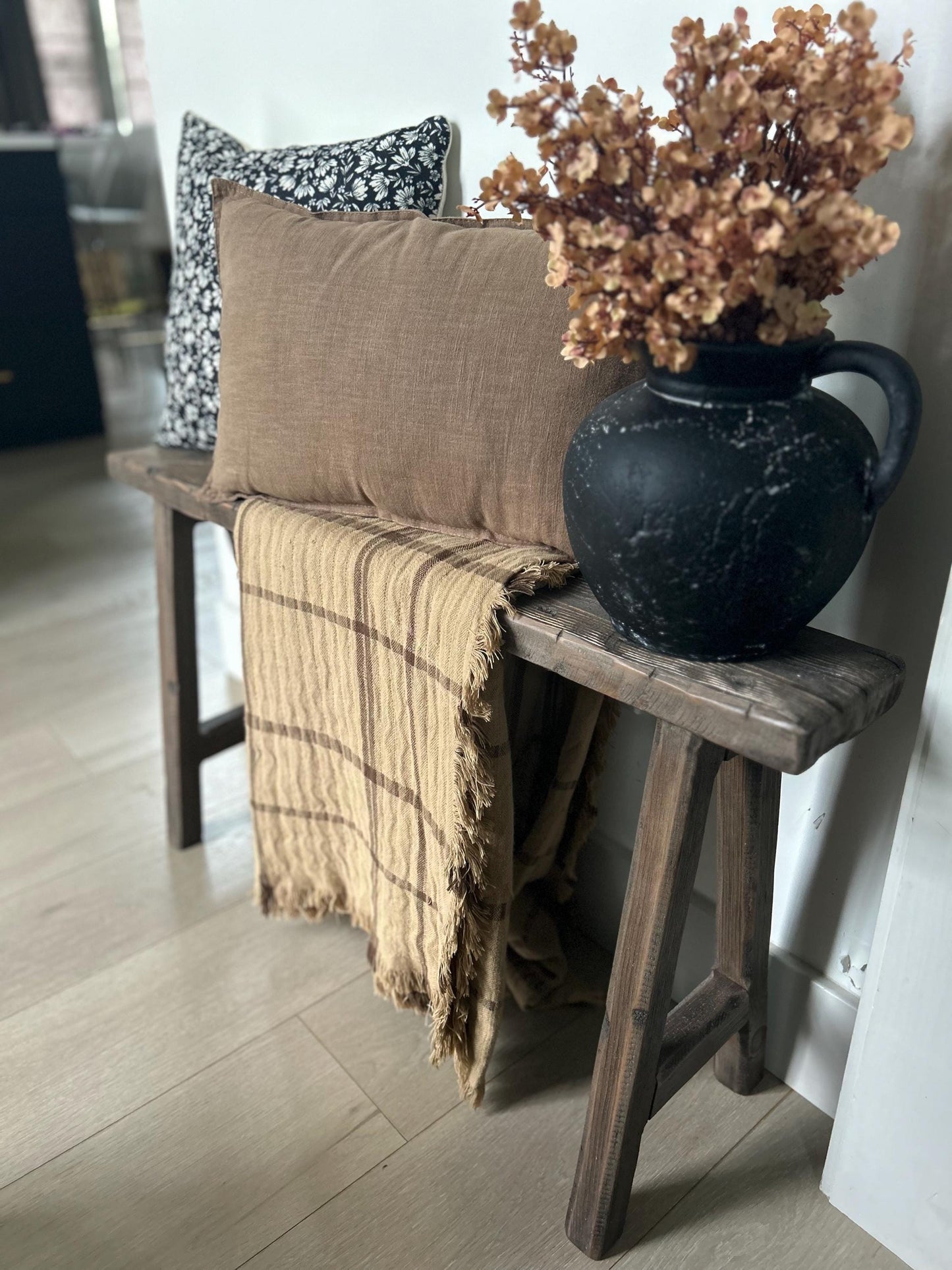 Dark Walnut Skinny Bench, Rustic Weathered Wood, Primitive Antique Style, 36 inch