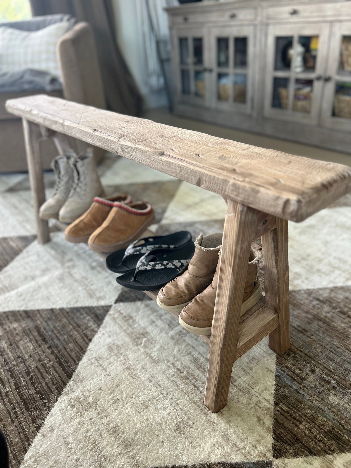 Rustic Skinny Bench with Shoe Storage | Primitive Farmhouse Entryway Bench | Handmade Wooden Noodle Bench with Shelf | Narrow slim bench