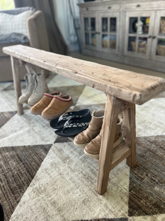 Rustic Skinny Bench with Shoe Storage | Primitive Farmhouse Entryway Bench | Handmade Wooden Noodle Bench with Shelf | Narrow slim bench