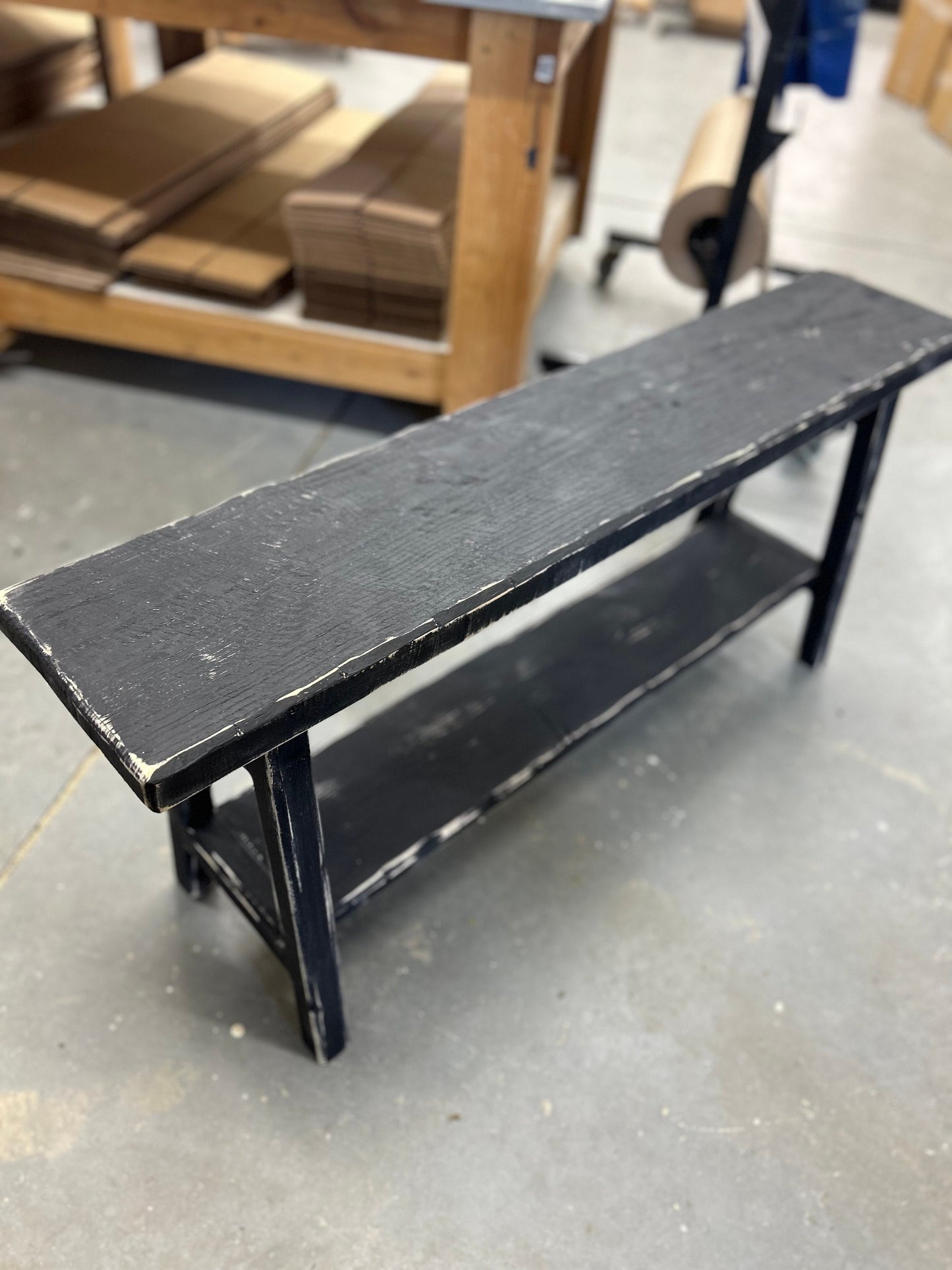 Rustic Skinny Bench with Shoe Storage | Primitive Farmhouse Entryway Bench | Handmade Wooden Noodle Bench with Shelf