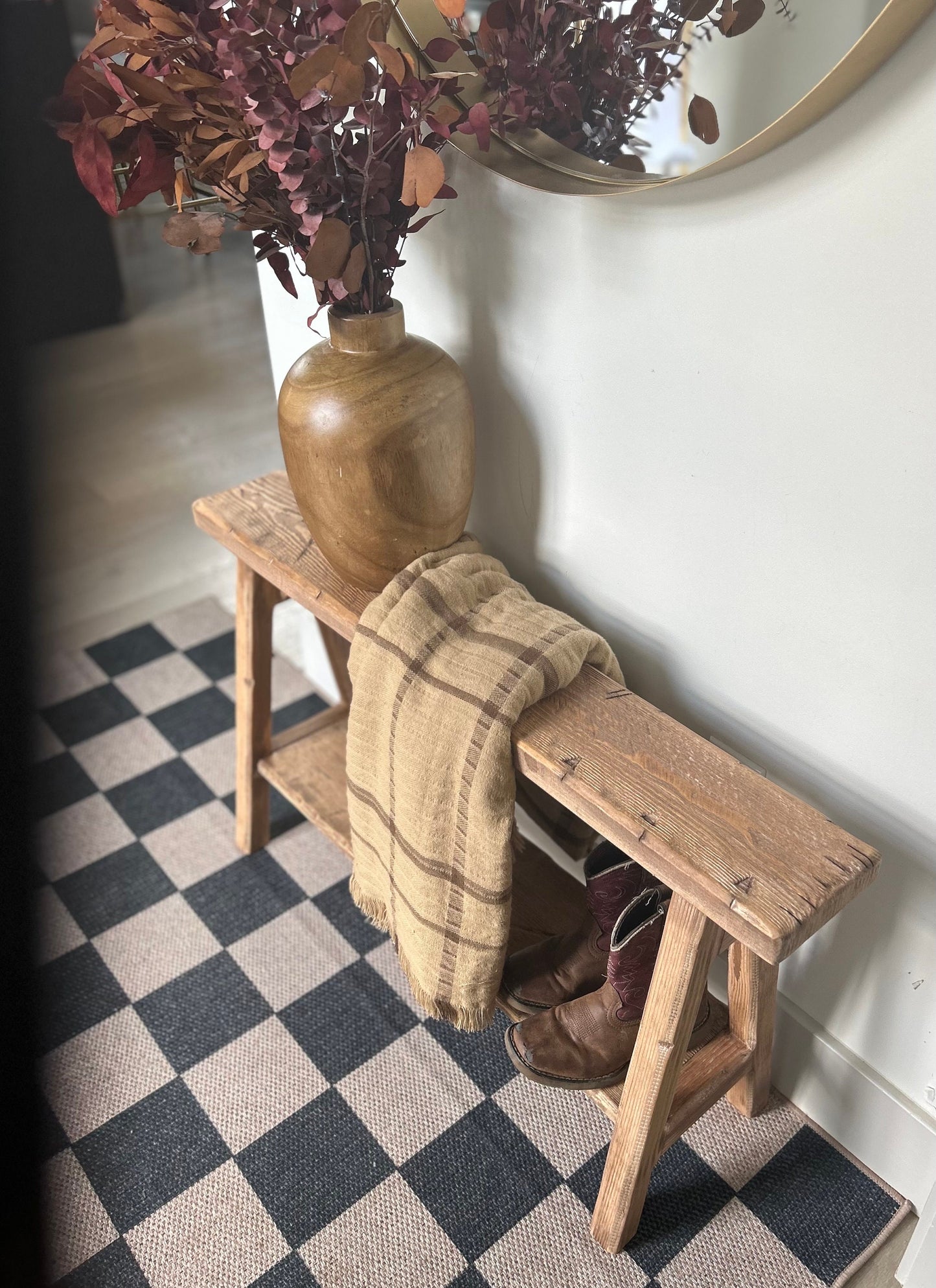 Handcrafted Weathered Wood Skinny Bench with Shoe Shelf
