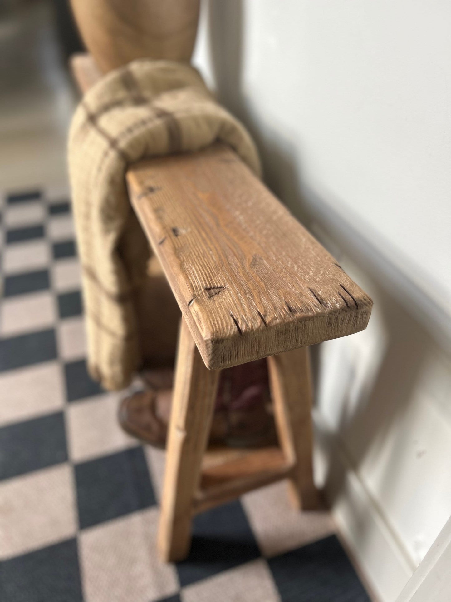 Handcrafted Primitive Skinny Bench, Weathered Wood, Shoe Storage Shelf