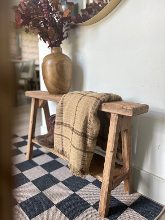 Handcrafted Weathered Wood Skinny Bench with Shelf, Shoe Storage