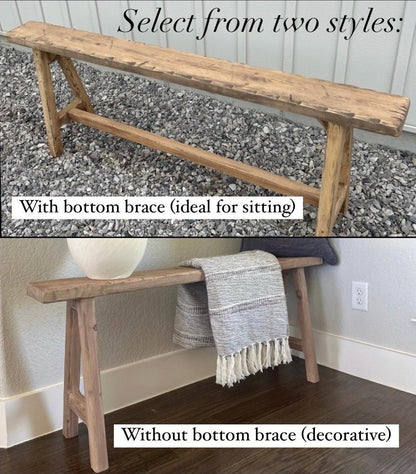 Handcrafted Weathered Wood Bench, Primitive Antique Style, 30x20x7.25
