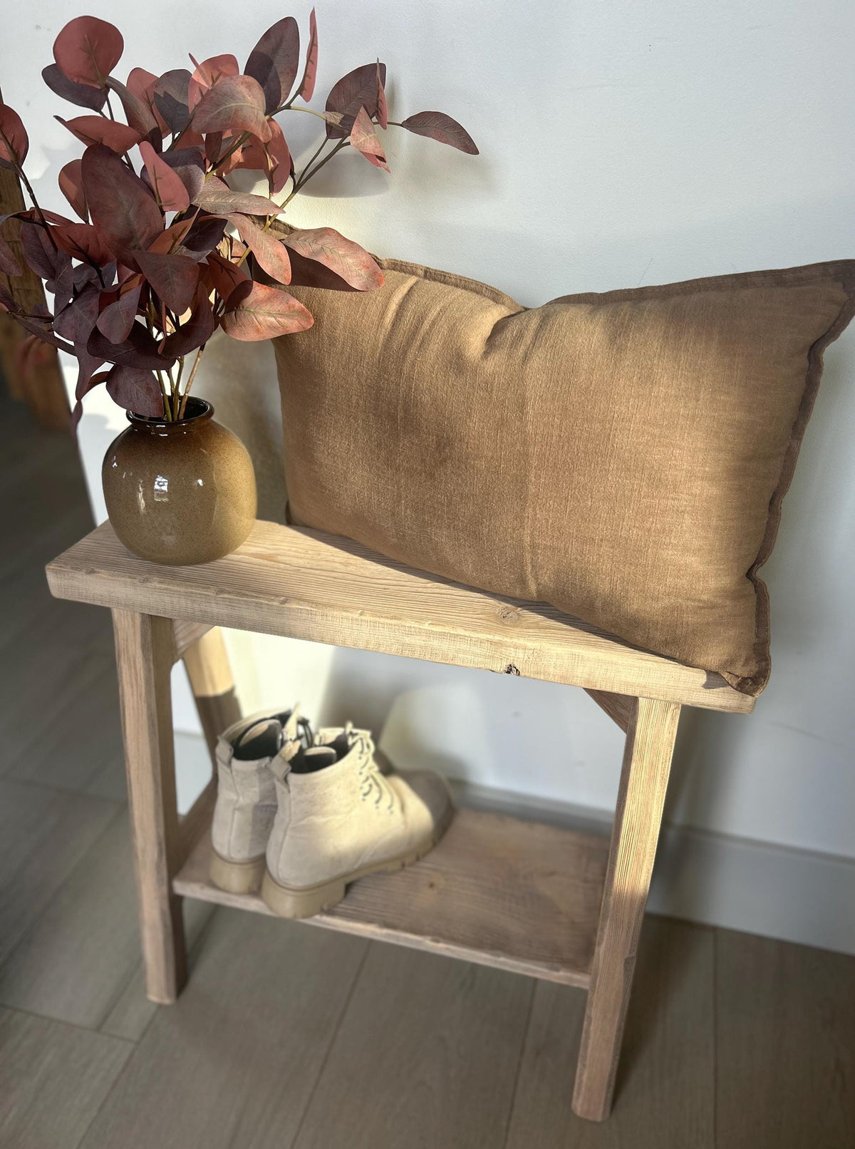 Shoe Storage Shelf Bench, Weathered Wood bench with shelf underneath, Small bench for narrow entry, Rustic distressed bench, Farmhouse bench