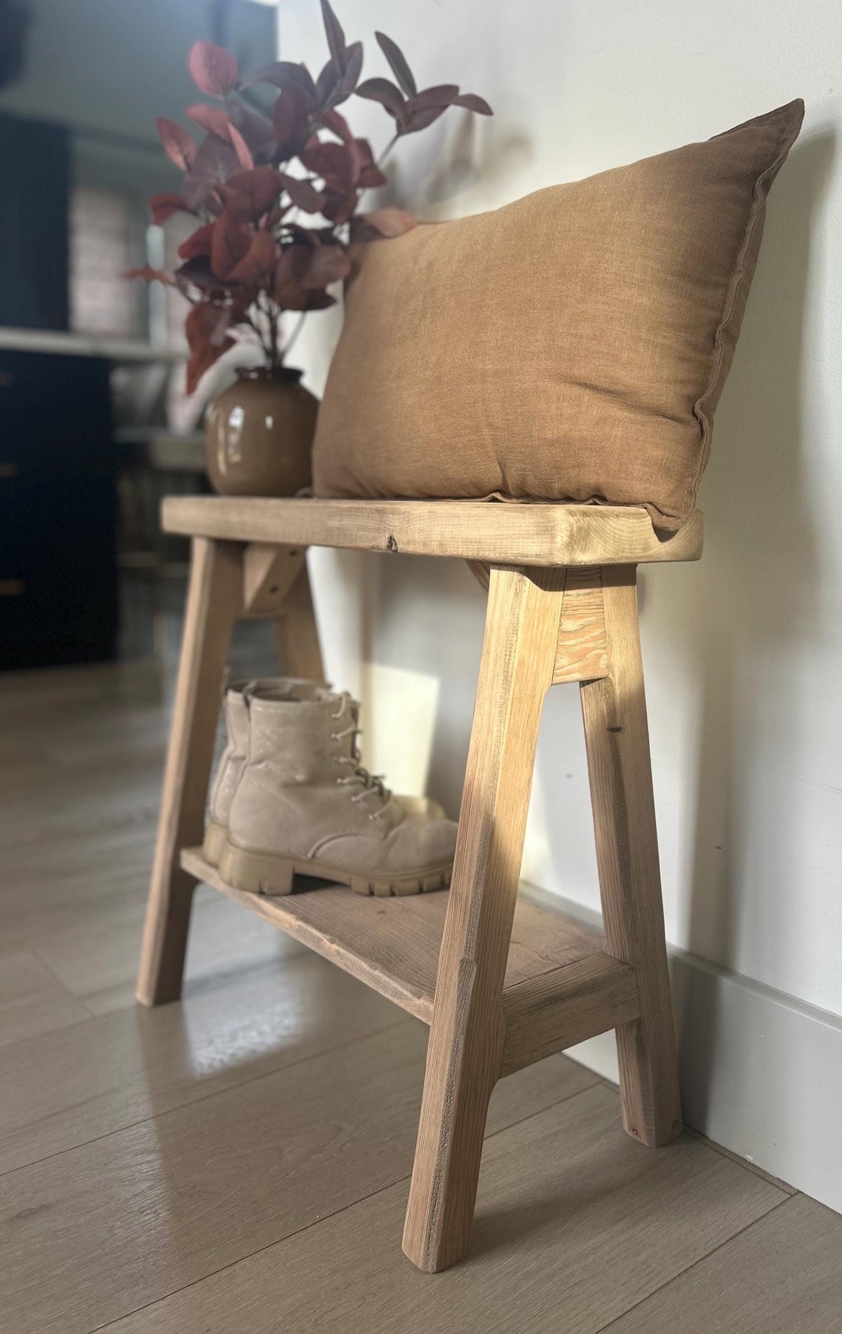 Shoe Storage Shelf Bench, Weathered Wood bench with shelf underneath, Small bench for narrow entry, Rustic distressed bench, Farmhouse bench