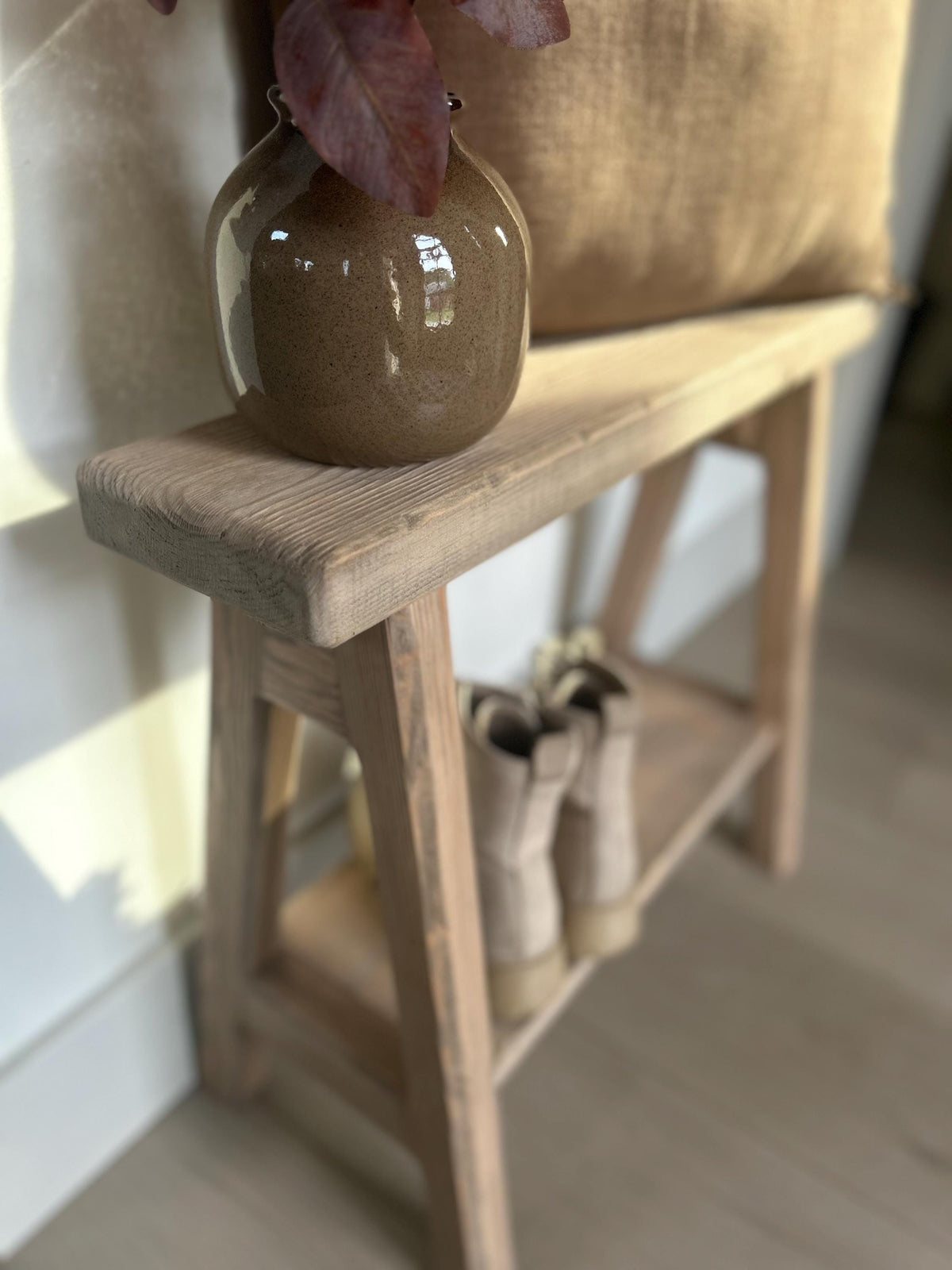 Shoe Storage Shelf Bench, Weathered Wood bench with shelf underneath, Small bench for narrow entry, Rustic distressed bench, Farmhouse bench