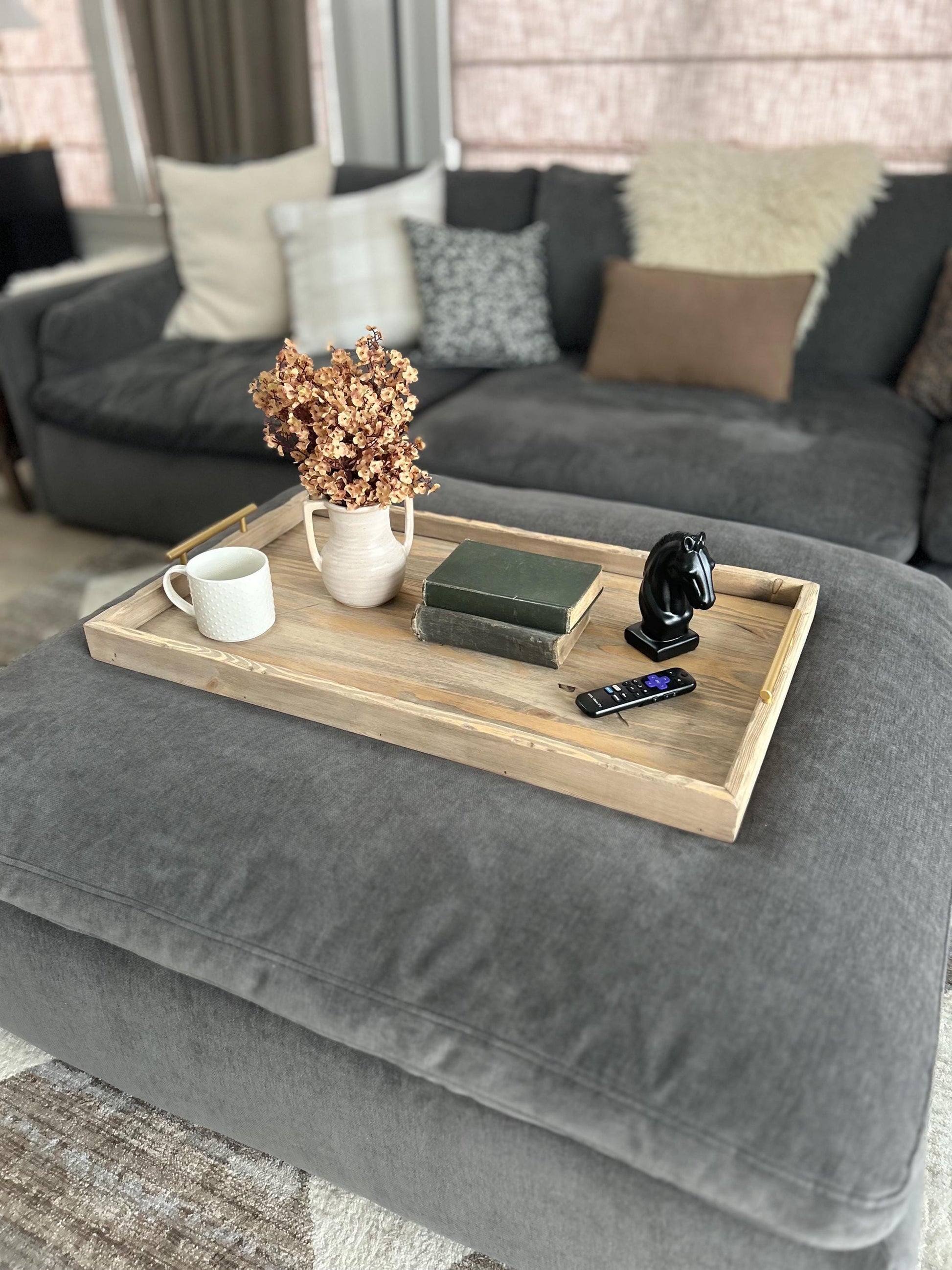 Large Ottoman Tray with Handles, Oversized Coffee Table Tray, Rustic Wooden Serving Tray, Farmhouse Decor, Living Room Tray