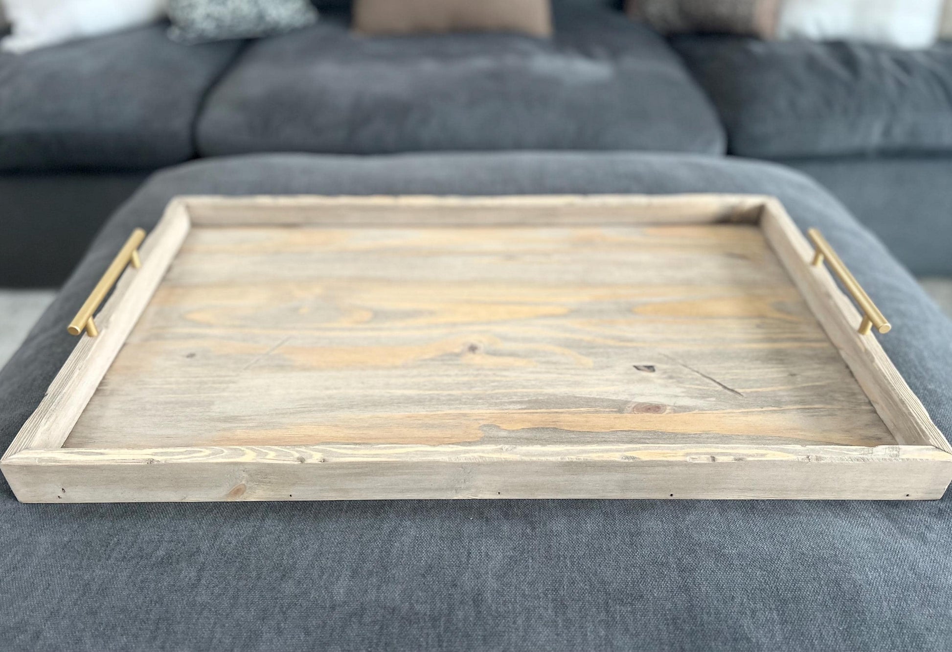 Large Ottoman Tray with Handles, Oversized Coffee Table Tray, Rustic Wooden Serving Tray, Farmhouse Decor, Living Room Tray