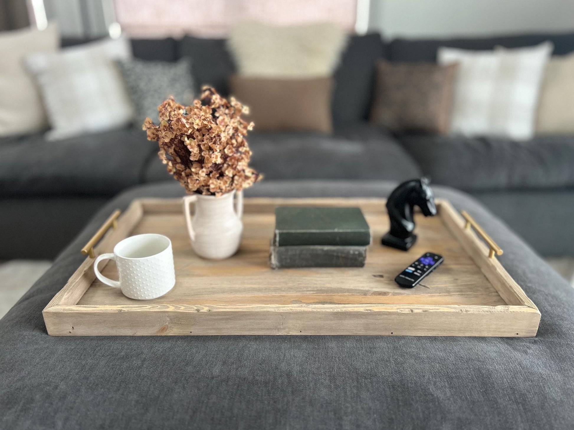 Oversized ottoman tray with gold handles, Rustic wood tray, Living room tray, Decorative serving tray, Large wooden, Housewarming gift