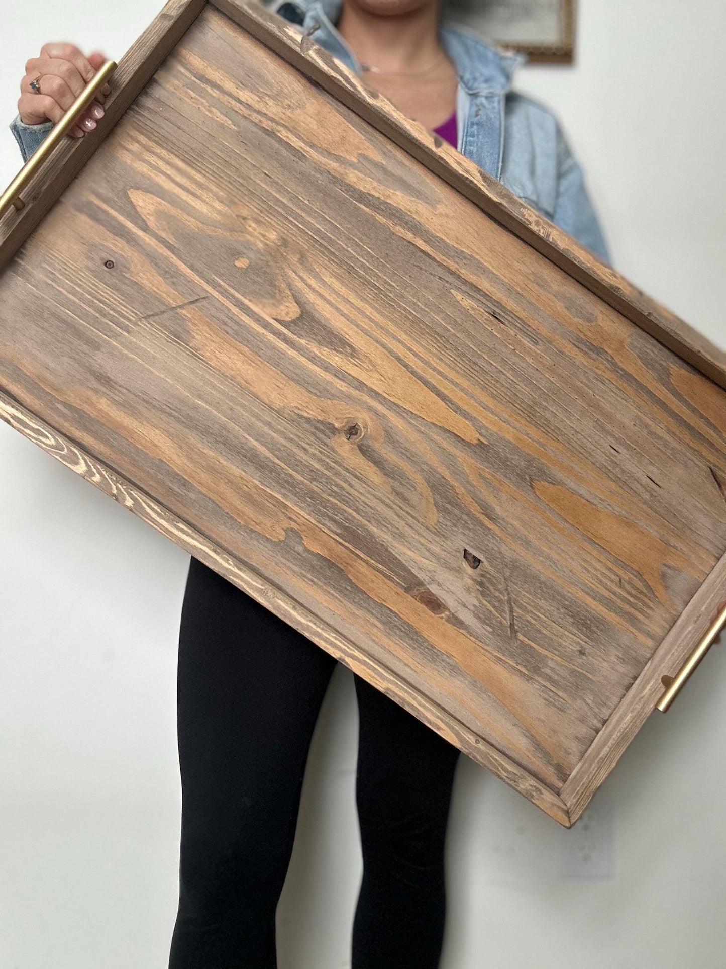 Large Ottoman Tray with Handles, Oversized Coffee Table Tray, Rustic Wooden Serving Tray, Farmhouse Decor, Living Room Tray