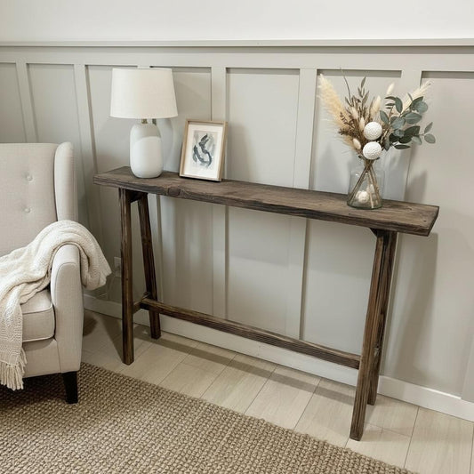 Handmade Rustic Skinny Console Table – Distressed Hem Fur Entryway Decor