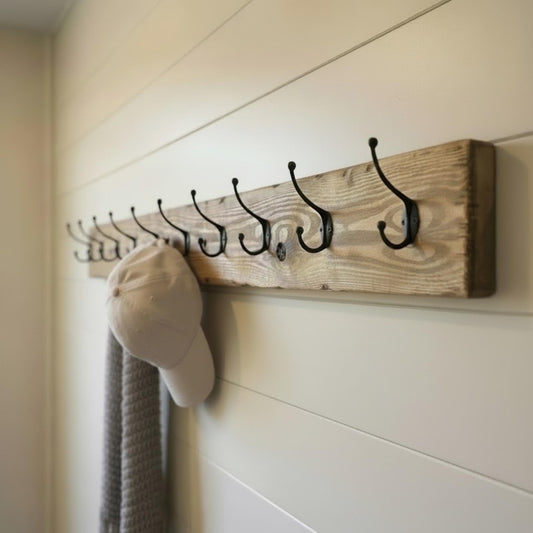 Rustic Wood Coat Rack with Hooks | Farmhouse Wall Hook Rack | Entryway Organizer | Distressed Pine Coat Rack | Mudroom Wall Hooks | Handmade