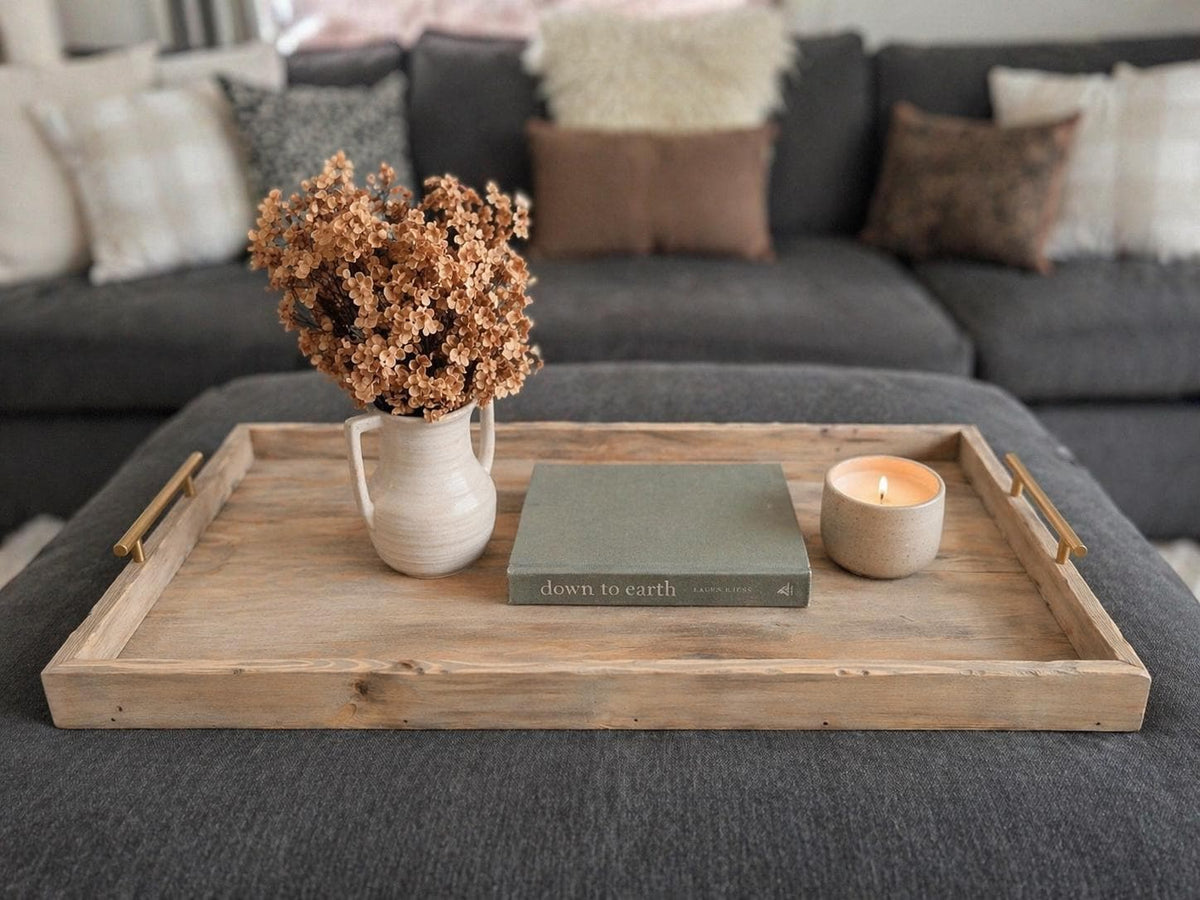 Large Ottoman Tray with Handles, Oversized Coffee Table Tray, Rustic Wooden Serving Tray, Farmhouse Decor, Living Room Tray