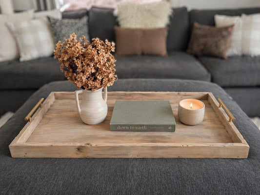 Large Ottoman Tray with Handles, Oversized Coffee Table Tray, Rustic Wooden Serving Tray, Farmhouse Decor, Living Room Tray