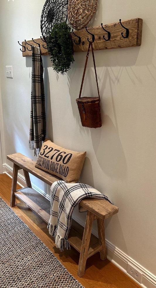 Rustic Wood Coat Rack with Hooks | Farmhouse Wall Hook Rack | Entryway Organizer | Distressed Pine Coat Rack | Mudroom Wall Hooks | Handmade