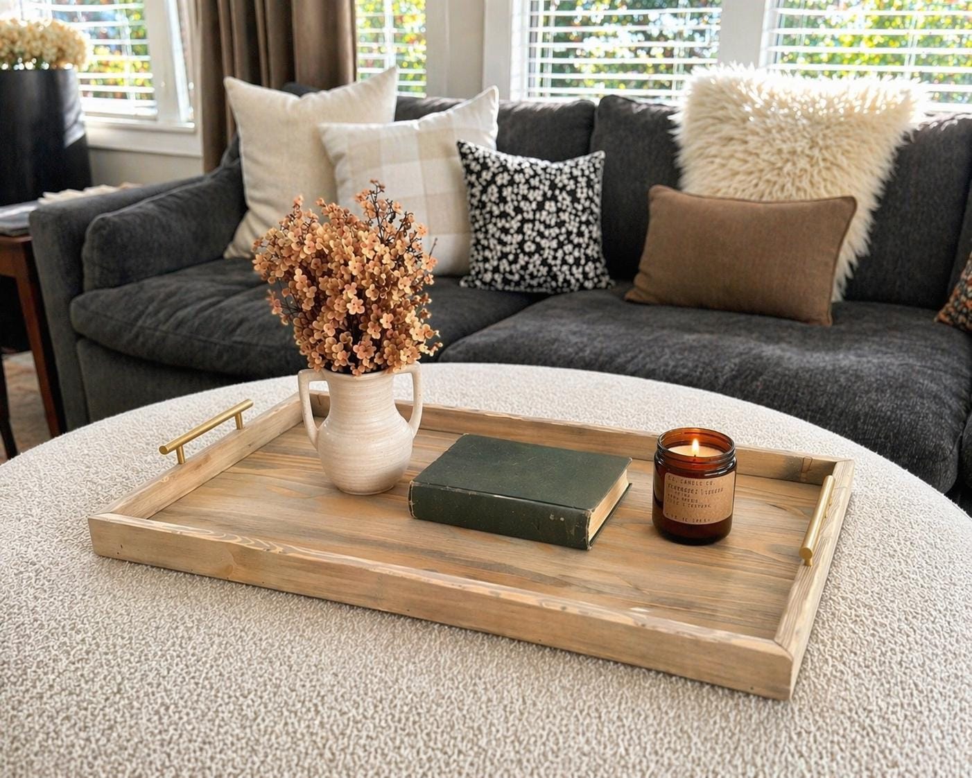 Large Ottoman Tray with Handles, Oversized Coffee Table Tray, Rustic Wooden Serving Tray, Farmhouse Decor, Living Room Tray