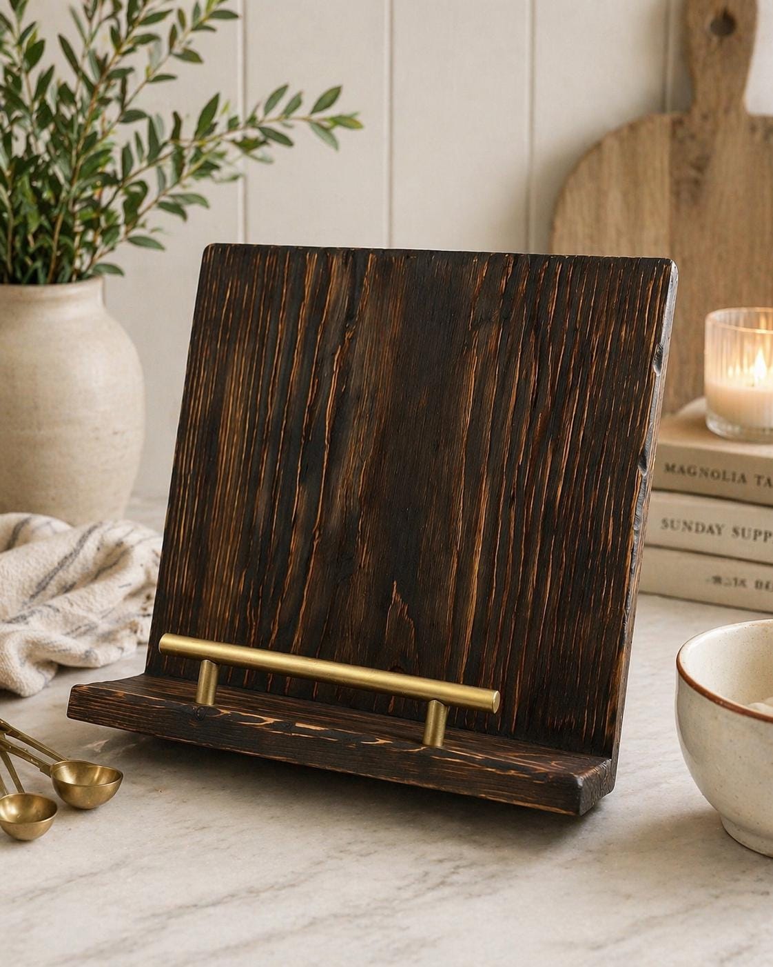 Rustic Wooden Cookbook Holder | Farmhouse Recipe Stand | Distressed Kitchen Counter Display | Handmade Recipe Book Stand