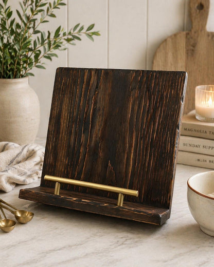 Rustic Wooden Cookbook Holder | Farmhouse Recipe Stand | Distressed Kitchen Counter Display | Handmade Recipe Book Stand