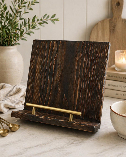 Rustic Wooden Cookbook Holder | Farmhouse Recipe Stand | Distressed Kitchen Counter Display | Handmade Recipe Book Stand