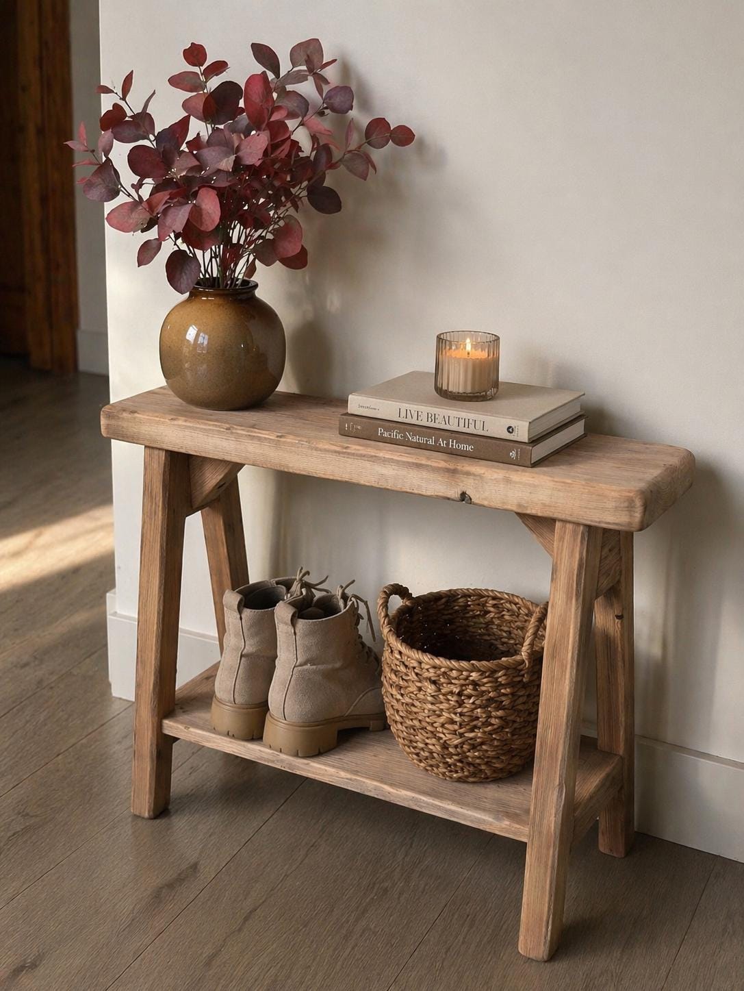 Shoe Storage Shelf Bench, Weathered Wood bench with shelf underneath, Small bench for narrow entry, Rustic distressed bench, Farmhouse bench