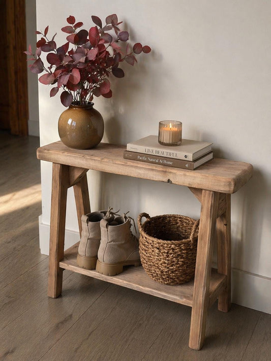 Shoe Storage Shelf Bench, Weathered Wood bench with shelf underneath, Small bench for narrow entry, Rustic distressed bench, Farmhouse bench